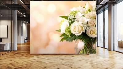 a vase brimming with white blooms, positioned near an undefined wall in the background Wall mural