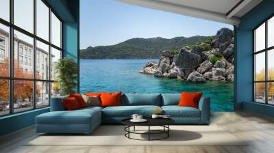 Aegean Sea with beautiful turquoise waters and rocky coastline. view from the sea Wall mural