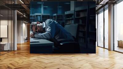 An office worker is sleeping in his chair at a desk in a business office, copy space. Created using generative artificial intelligence technology. Wall mural