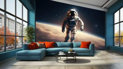 Astronaut in outer space on the horizon background. AI generated. Wall mural