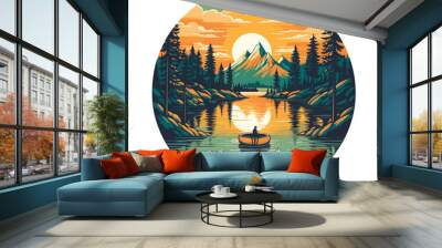 Backlighting summer sunset with beautiful yellow. A logo of big waves under a sunrise, montains at the back with trees, with birds in, minimalist picture. Vector illustration. Wall mural