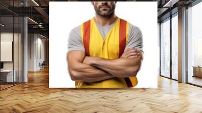 Beatiful confidence man builder worker in uniform and safety helmet smilling. Labour day.  Wall mural