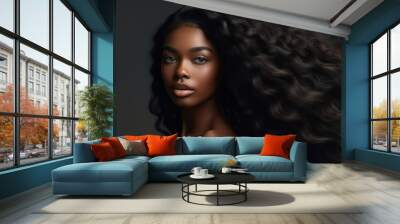 Beautiful ebony african model woman with long hairstyle. Care and beauty hair products. Wall mural