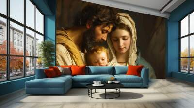 Beautiful scene of the Holy Family, Jesus, Mary and Joseph, created with Generative Ai technology. Wall mural