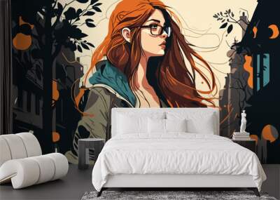 Beautiful teenage girl with glasses on the street, vector flat illustration, EPS 10. Wall mural