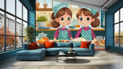 Sisters have fun playing chefs in their home kitchen and preparing real food from fresh ingredients in real dishes. Wall mural