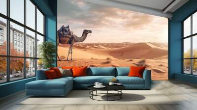 Camel in the desert, hot weather. Created with Generative Ai technology. Wall mural