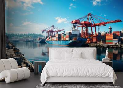 container cargo freight ship in port Wall mural