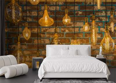 Decorative LED lamps of various modifications hang from the ceiling against the wall background. Samples of vintage modern style of indoor lighting. Wall mural