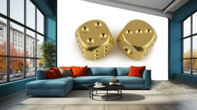 Two golden dices closeup isolated on white background. Four and three, with a shadow. Wall mural