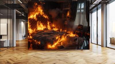 Flames engulf bedroom scene as dark wooden floors, white walls create eerie atmosphere. Black smoke fills air as furniture, curtains burn intensely, capturing chaos of dramatic inferno. Amidst Wall mural