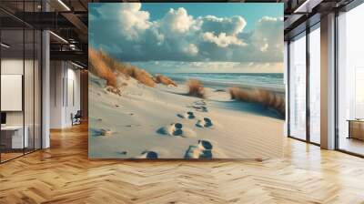 Footprints on coast sand on a beautiful sea background. AI generated. Wall mural