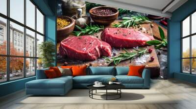 Fresh raw beef steaks. Generative AI Wall mural