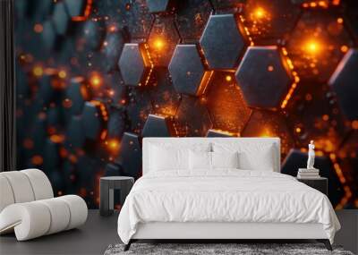 Glowing Hexagonal Pattern on Dark Surface Wall mural