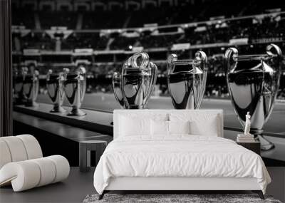 Grayscale shot of UEFA Champions League trophies in Real Madrid home stadium, Santiago Bernabeu, Spain. Football club championship trophies on display. Spanish football team proud achievement. Wall mural