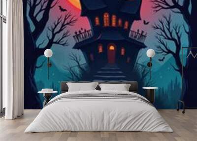 Halloween background with text Happy Halloween. Colorfull poster in cartoon style Wall mural