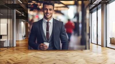 Handsome young businessman holding coffee cup and smiling while standing in cafe Wall mural