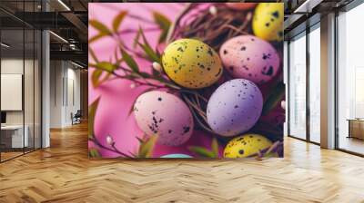 Happy Easter decoration background , colorful Easter eggs over pastel pink background. Easter day Wall mural