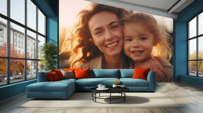 Happy Mother's Day. Mather and daughter smiling happily.  Wall mural