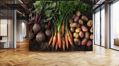 Autumn harvest of fresh raw carrot, beetroot and potatoes on soil in garden, top view. Organic vegetables background Wall mural