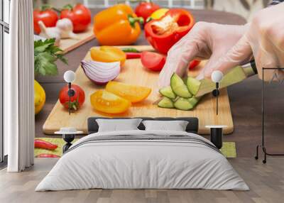 Chef cutting cucumber and different vegetables for salad close up. Hands in gloves cooking healthy vegetarian vegan diet food	
 Wall mural