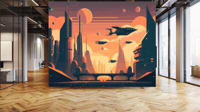 Illustration of the futuristic technological city, 2d vector flat Eps 10  Wall mural