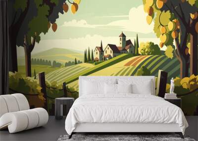 Italian vineyard, beautiful view from the hill, 2d vector drawing, 2d flat vector illustration. Wall mural