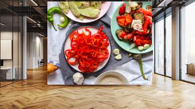 Bell pepper salad. Delicious healthy natural food full of vitamins from red capsicum. Raw vegan vegetarian food Wall mural