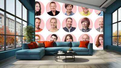 Collection of circle avatar of people. Young and senior men and women faces on pink color. Positive human emotion. Concept of divercity and individuality in modern community. Wall mural