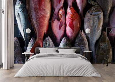 Fresh fish in the market close up. Buy marine food in local shop Wall mural