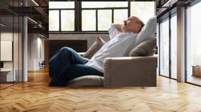 Happy senior hispanic man relaxing on sofa at home Wall mural