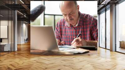 Mature hispanic man sitting at his desk and taking notes counting his finance. Wall mural