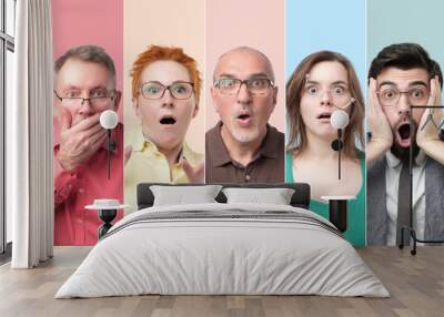 Oh no concept. Collage of men and women with glasses looking at camera, keeping mouth wide opened feeling shocked and stressed. Wall mural