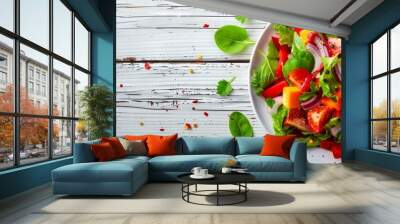 lettuce and tomato slices cover it, atop a wooden table Wall mural