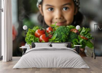 Little Girl Holding Plate of Vegetables Wall mural