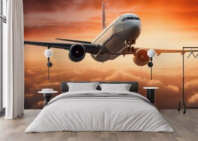 Modern Passenger airplane flight in sunset panorama. Generative AI Wall mural