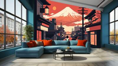 Old Asian buildings, a girl walking along an old Japanese street, 2d flat illustration. EPS 10. Wall mural