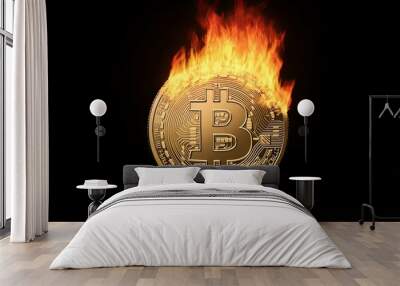 A golden Bitcoin coin engulfed in flames against a dark background, symbolizing the volatility and risk associated with cryptocurrency. Wall mural