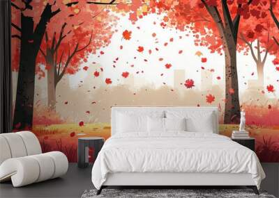 Autumn park scenery with a wooden bench among vibrant red and orange foliage. Wall mural