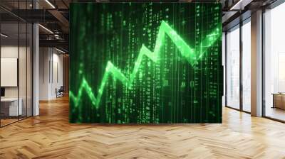 Green line graph with upward trend on a digital screen with numeric data Wall mural