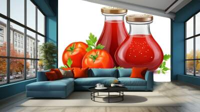 Two glass bottles of tomato sauce beside fresh tomatoes with green leaves. Wall mural