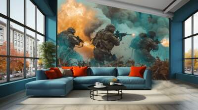 Photo of armed soldiers at war. AI generated. Wall mural