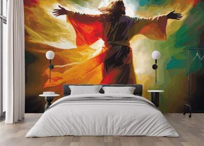 Rear view of Jesus Christ, with raised hands against the background of multi-colored rays. Vector illustration. Wall mural