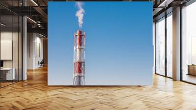 Red and white pipe throws white smoke vertically up into clear calm weather with blue sky. Concept of greenhouse effect and air pollution due to fuel combustion and Industrial development. Copy space Wall mural