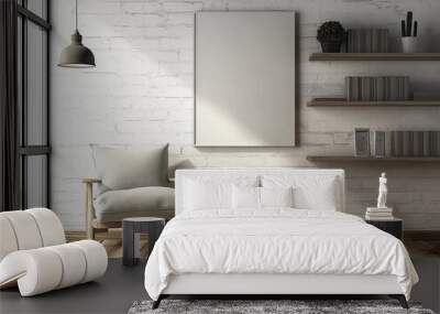 Serene living room with white brick wall background, wooden floor, natural from two windows. Comfortable chair with white cushion next to bookshelf with various items. Paintings adorn walls adding Wall mural