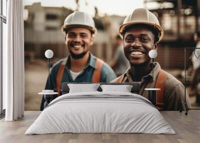 Smiling builders in hard hats at a construction site. Generative AI  Wall mural