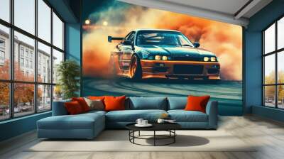 Sports car drifting on the track with smoke flying from the wheels. Generative AI Wall mural