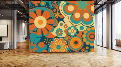 The 70's style floral pattern with abstract shapes, flat Colorful illustration. Wall mural