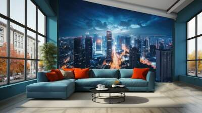 Top view of a modern night city. AI generated. Wall mural