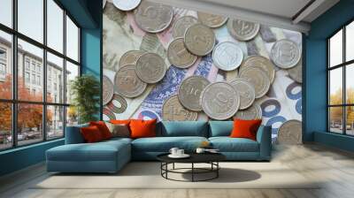 Ukraine money coins lying on mixed hryvnia banknotes. Finance background concept. Wall mural